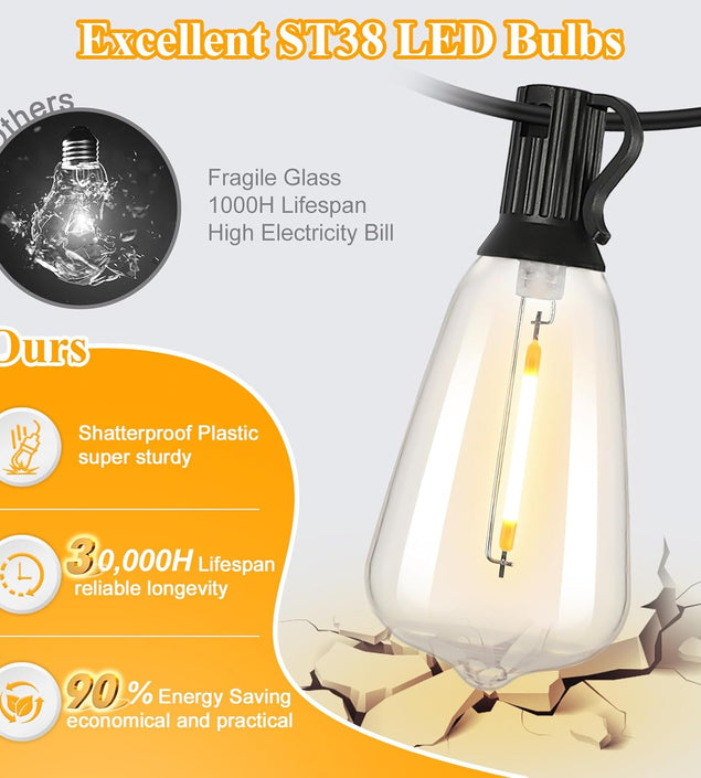 LED Outdoor String Lights 100FT Patio Lights with 52 Shatterproof ST38 Vintage Edison Bulbs, outside Hanging Light Waterproof for Porch, Deck, Garden, Backyard, Balcony, Dimmable 2700K