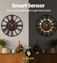 24 Inch Large Metal Wall Clock with Voice and Light Sensor Night Light, Glow in the Dark Non-Ticking Silent Battery Operated Decorative Oversized Wall Clock for Bedroom Living Room Decor