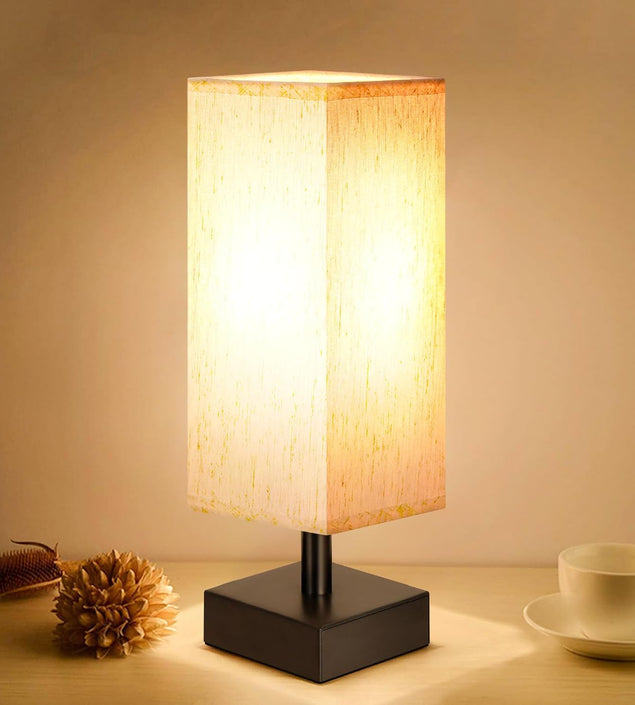 Small Table Lamp for Bedroom - Bedside Lamps for Nightstand, Minimalist Night Stand Light Lamp with Square Fabric Shade, Desk Reading Lamp for Kids Room Living Room Office Dorm