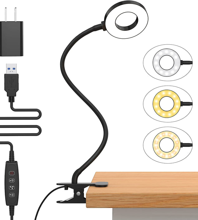Desk Lamp, [3 Color Modes & 10 Brightness] LED Reading Light with Clamp, Flexible Gooseneck Book Light for Kids Reading Book in Bed at Night Clip on Table, Headboard, Dorm - 15.8‘’ Black
