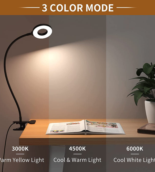 Desk Lamp, [3 Color Modes & 10 Brightness] LED Reading Light with Clamp, Flexible Gooseneck Book Light for Kids Reading Book in Bed at Night Clip on Table, Headboard, Dorm - 15.8‘’ Black