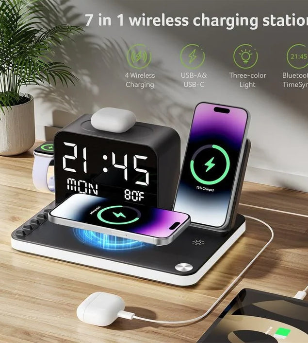 7 in 1 Wireless Charging Station with LED Night Light (Black) + Free Cable Organizer Clips