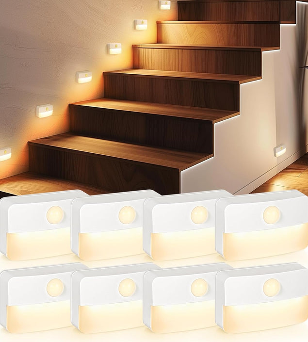 8 Pack Motion Sensor Stair Light for Indoor, Battery Operated Closet Lights, Wireless Stick on Anywhere Hallway Lamp, Portable Led Night Lamps for Bedroom under Cabinet Kitchen