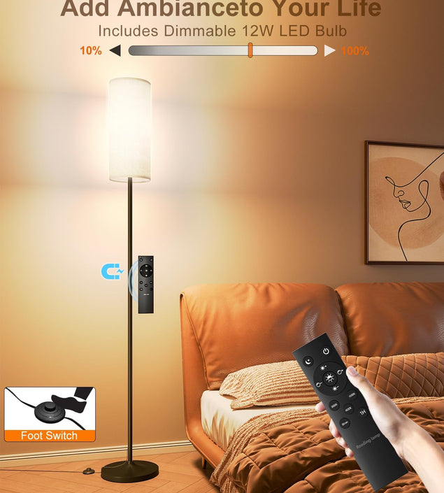 LED Floor Lamp for Living Room, Dimmable Standing Lamps with Foot Switch,Remote Custom Color Temperature Black Pole Lamp with Lampshade,12W Led Bulb Tall Lamps for Bedroom Office Kid Room