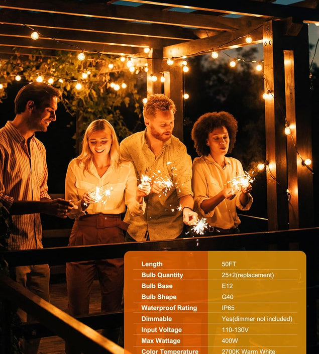 Outdoor String Lights - Connectable Dimmable LED Patio String Lights with G40 Globe Plastic Bulbs, All Weatherproof Hanging Lights for outside Backyard Porch (50 Ft - 25 LED Bulbs)