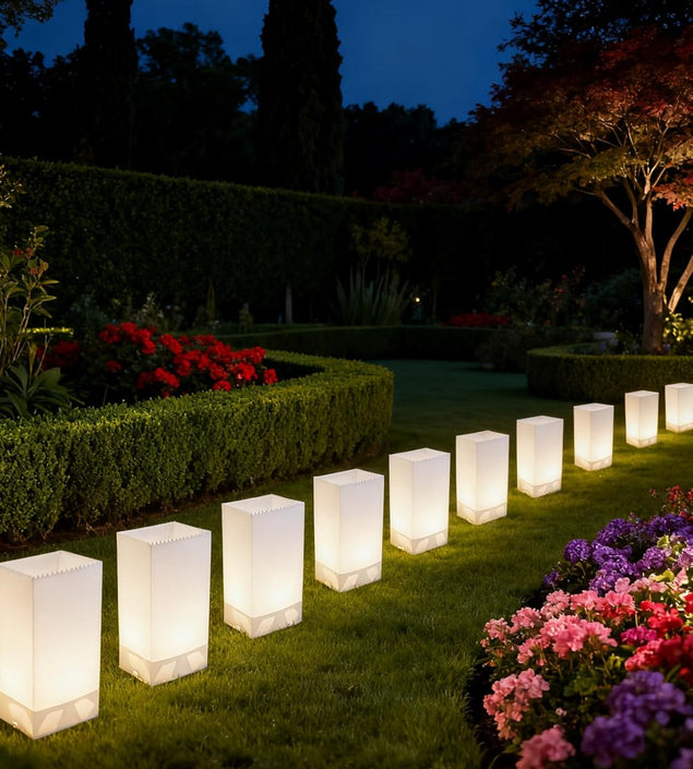 10 Pack Christmas Luminaria Pathway Lights - Enchanting Glowing Paper Bag Walkway Lights with 20 Stakes, Connectable Plug-In Outdoor Yard Decorations for a Magical Winter Wonderland Holiday Display