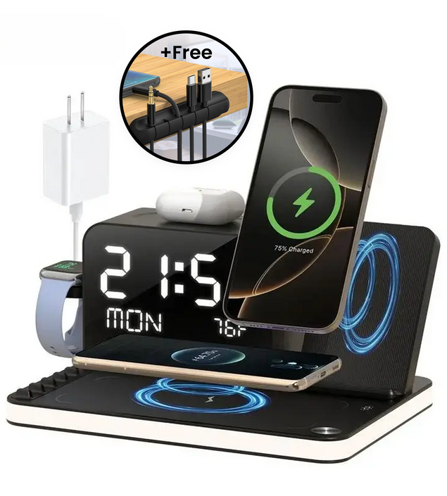 7 in 1 Wireless Charging Station with LED Night Light (Black) + Free Cable Organizer Clips