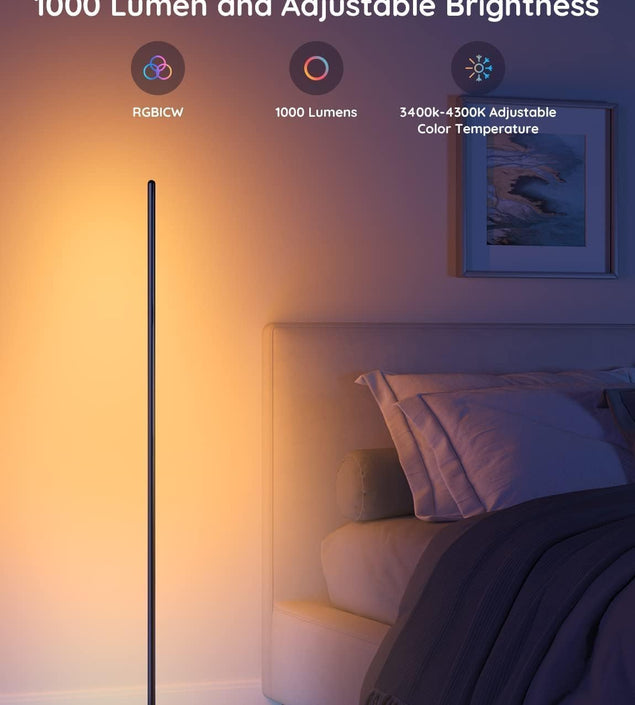 RGBIC Floor Lamp, LED Corner Lamp Works with Alexa, 1000 Lumen Smart Modern Floor Lamp with Music Sync and 16 Million DIY Colors, Color Changing Standing Lamp for Bedroom Living Room Black