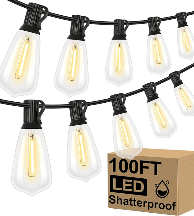 LED Outdoor String Lights 100FT Patio Lights with 52 Shatterproof ST38 Vintage Edison Bulbs, outside Hanging Light Waterproof for Porch, Deck, Garden, Backyard, Balcony, Dimmable 2700K