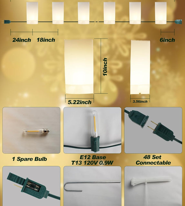 10 Pack Christmas Luminaria Pathway Lights - Enchanting Glowing Paper Bag Walkway Lights with 20 Stakes, Connectable Plug-In Outdoor Yard Decorations for a Magical Winter Wonderland Holiday Display