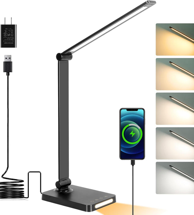 LED Desk Lamp with USB Ports,Touch Desk Lamps for Home Office with 5 Color Modes,3 Brightness Desk Light with Small Night Light,Reading Lamp Table Lamp for Bedroom Bedside Study Black （With Adapter）