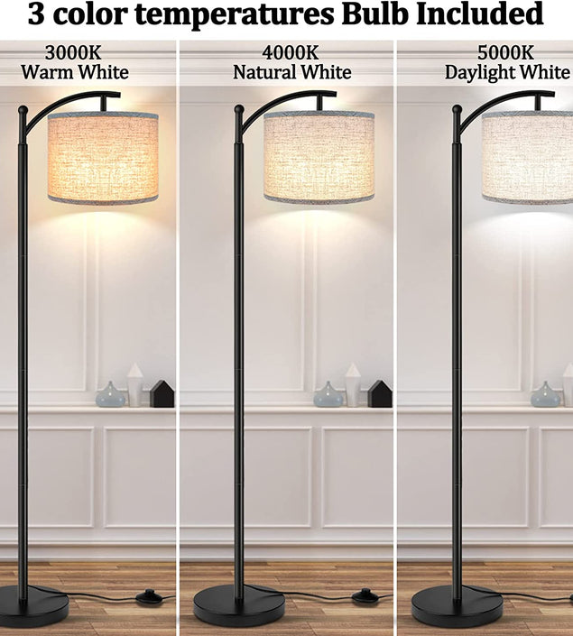 Floor Lamp for Living Room with 3 Color Temperatures LED Bulb, Standing Lamp Tall Industrial Floor Lamp Reading for Bedroom, Office (9W LED Bulb, Beige Lampshade Included) -Black